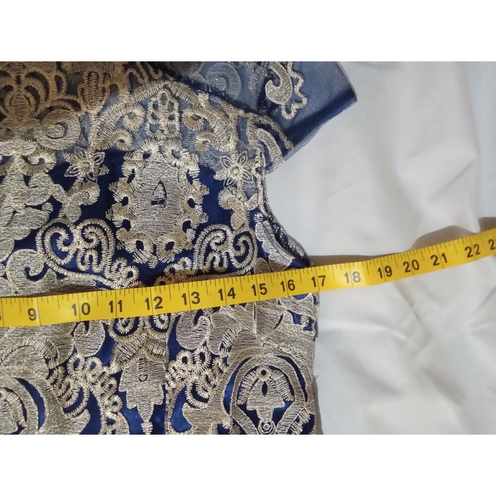Women's Blue Lace Metallic Gold Embroidered Formal Cocktail Dinner Party Dress - Picture 7 of 13